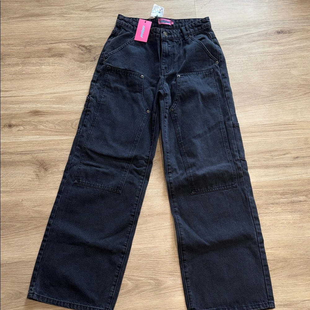 Edikted Ayla low rise wide leg carpenter jeans in faded black wash